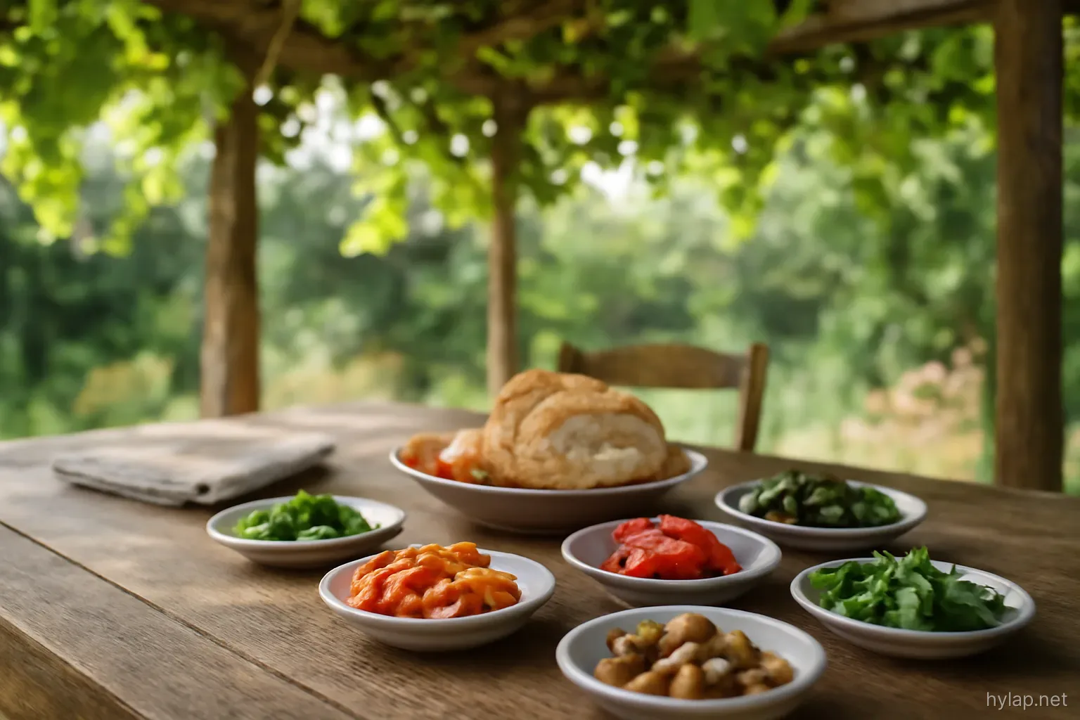 a table laid with small dishes of vegetables and bread under a vine covered pergola