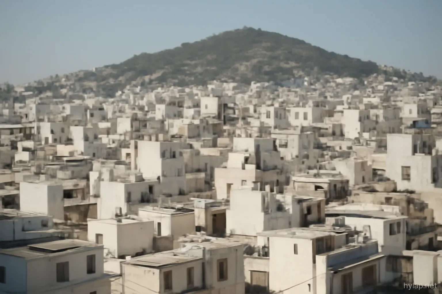 a dense city skyline of low white buildings with a hill rising behind it at midday