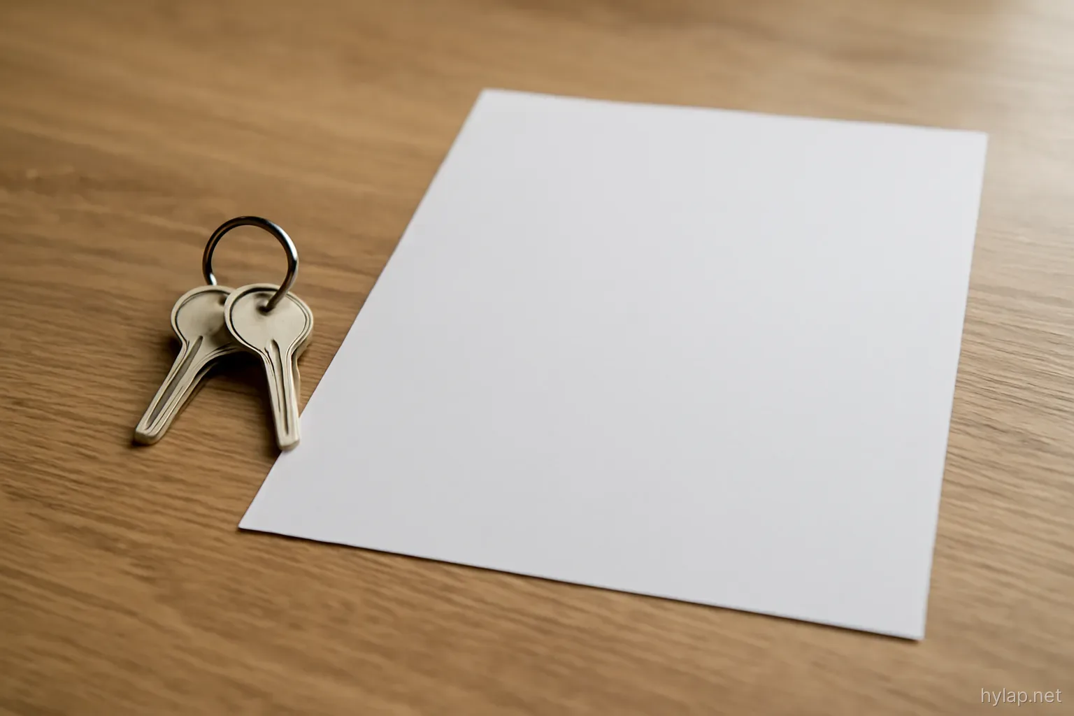 a set of house keys lying beside an unsigned document on a bare wooden table