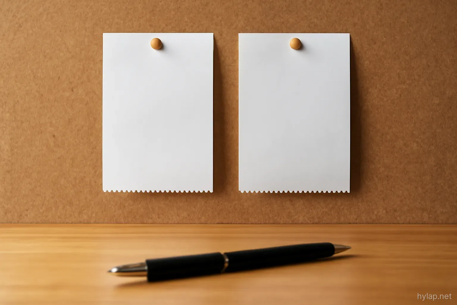 two receipts pinned side by side on a corkboard above a desk with a pen below