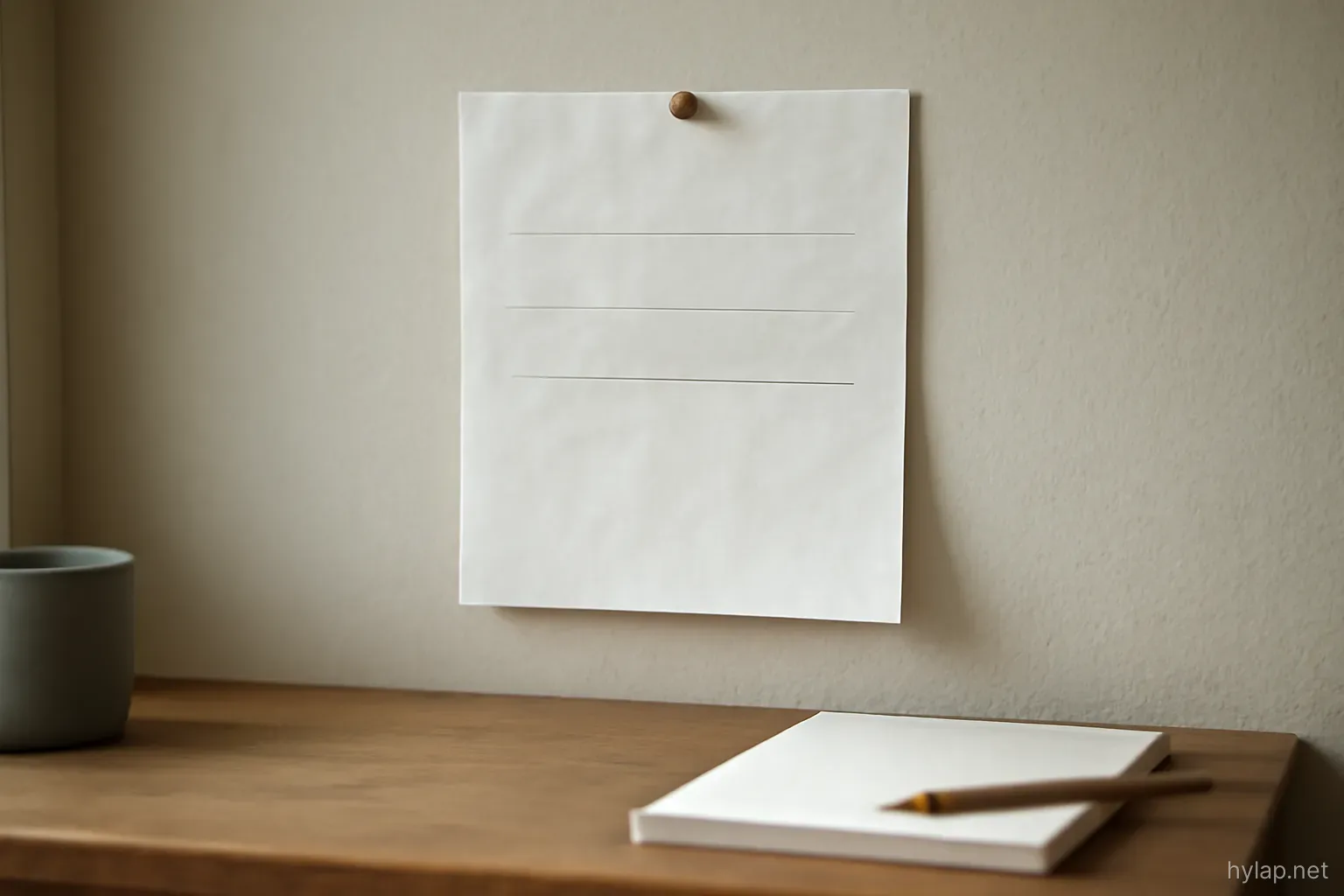 a single sheet of paper with four short handwritten lines pinned above a small desk