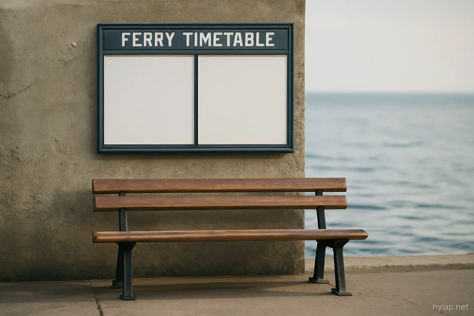 a ferry timetable board on a quay wall with a bench in front facing the empty water