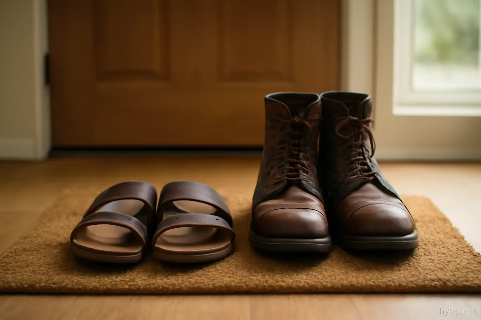 a pair of sandals and a pair of boots side by side on a doormat inside an entrance
