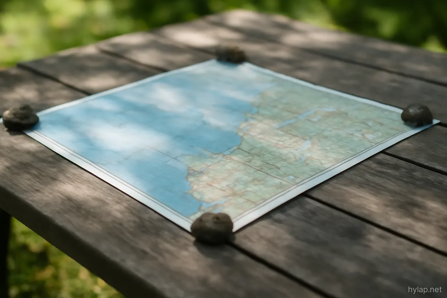 a paper map of a coastline weighted at the corners on an outdoor table in the shade