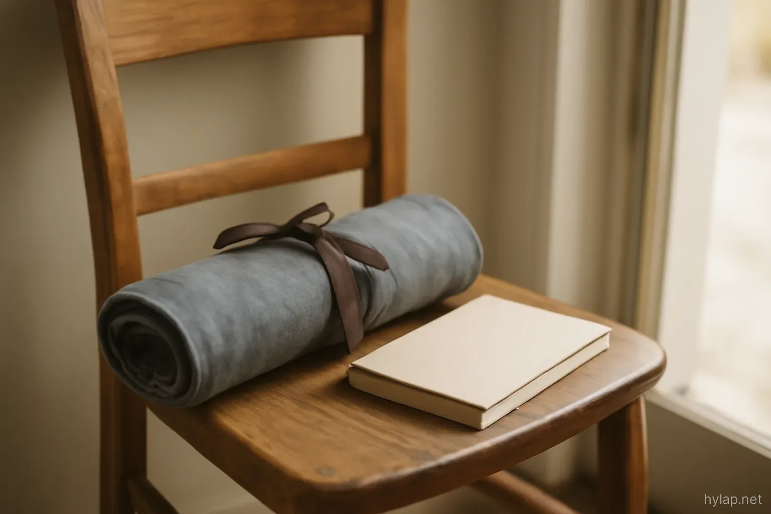 a rolled up apron and a notebook placed together on a chair by a doorway