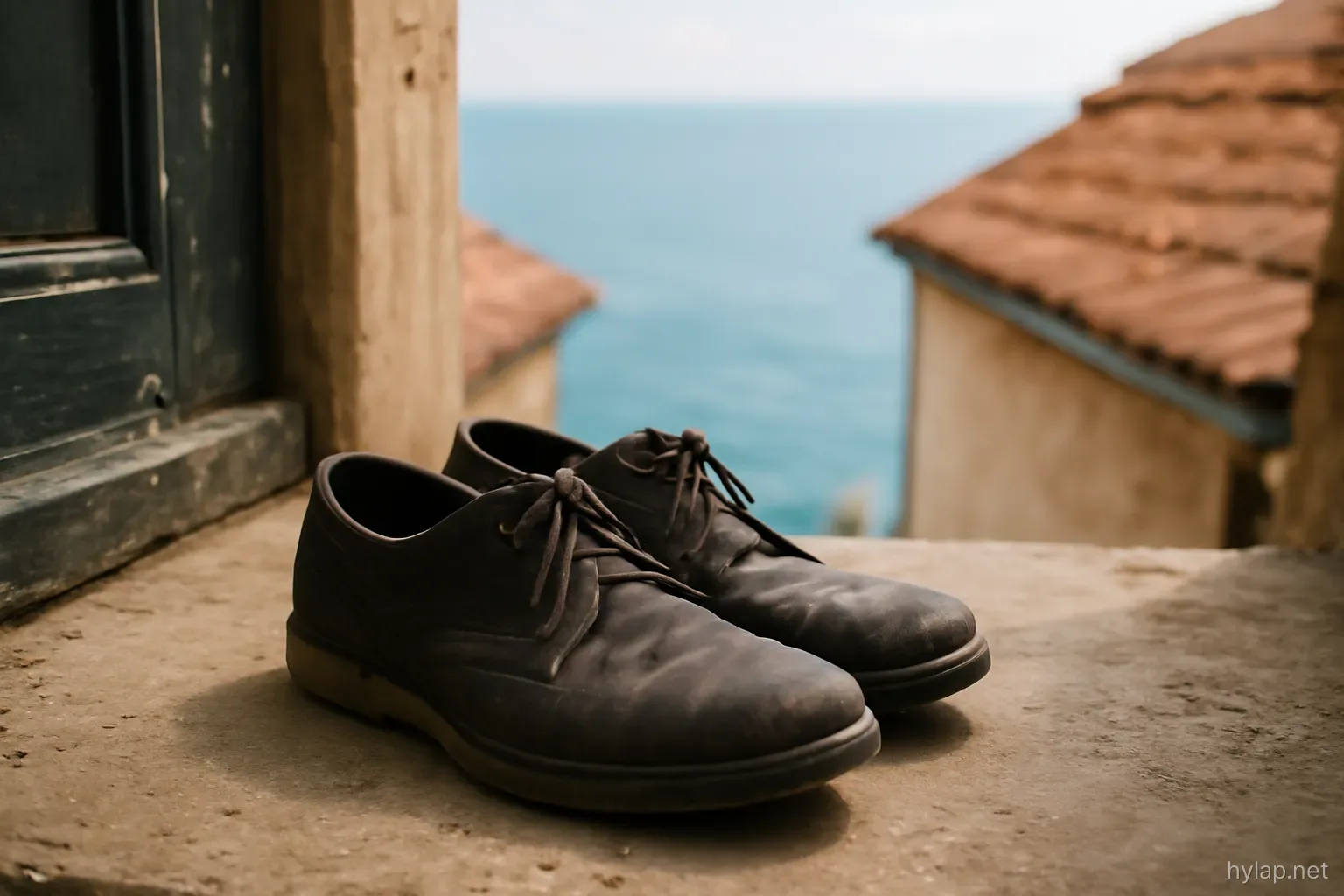 a worn pair of shoes by a doorstep with the sea visible far below between two roofs