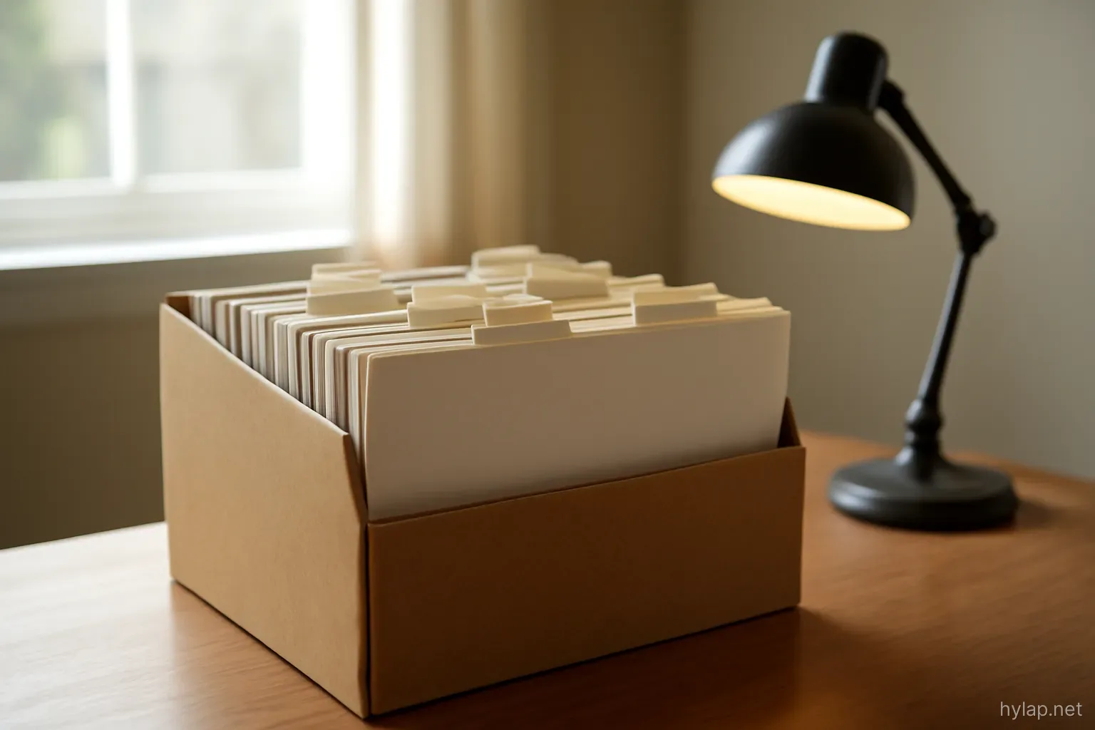 a row of labelled dividers in an open filing box on a desk with a lamp beside it