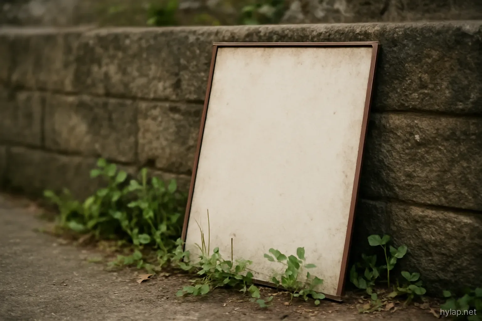 a faded for sale sign leaning against a garden wall with weeds growing at its base
