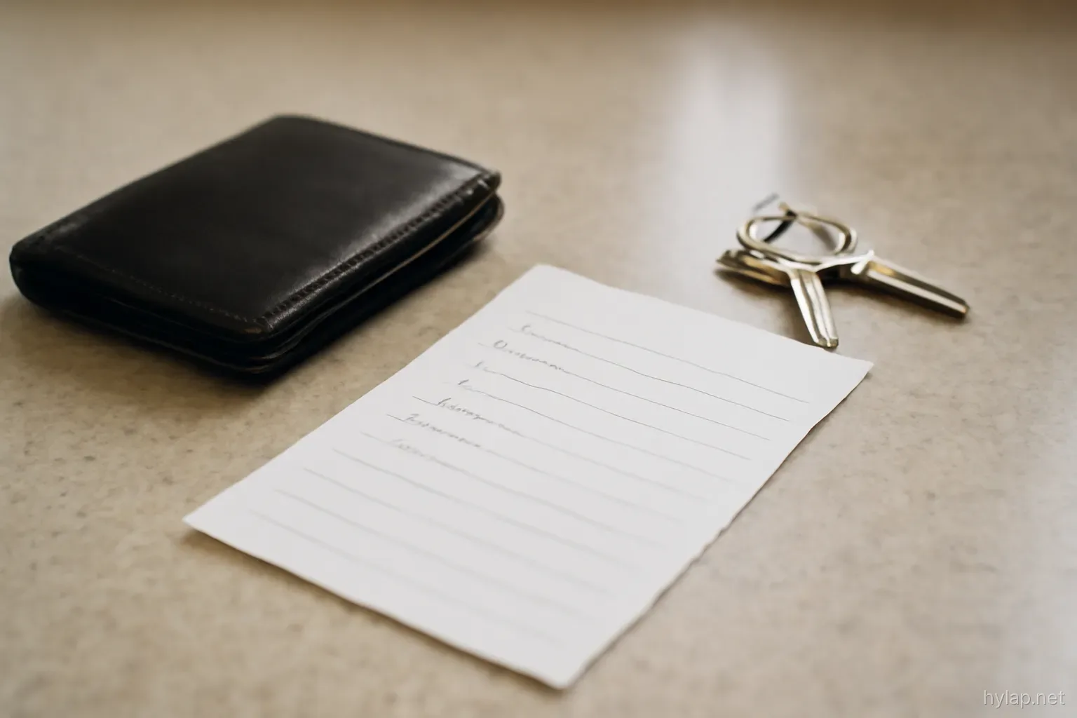 a handwritten shopping list on a kitchen counter next to a wallet and a set of keys