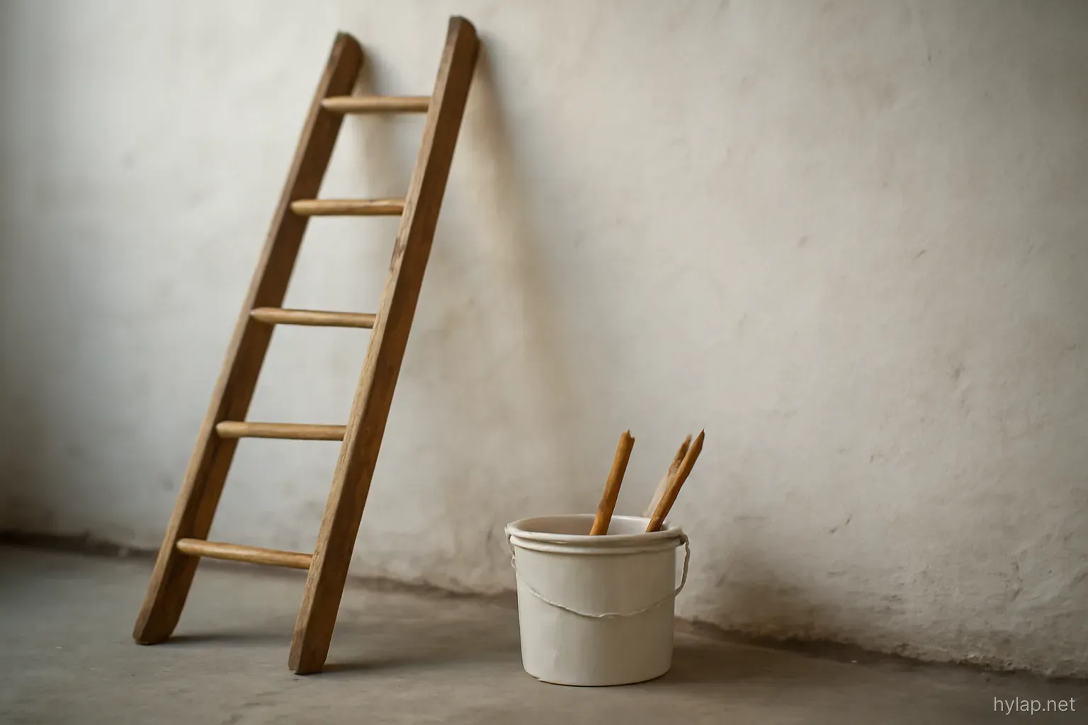 a ladder leaning against a whitewashed wall with a bucket of paint and brushes at its foot
