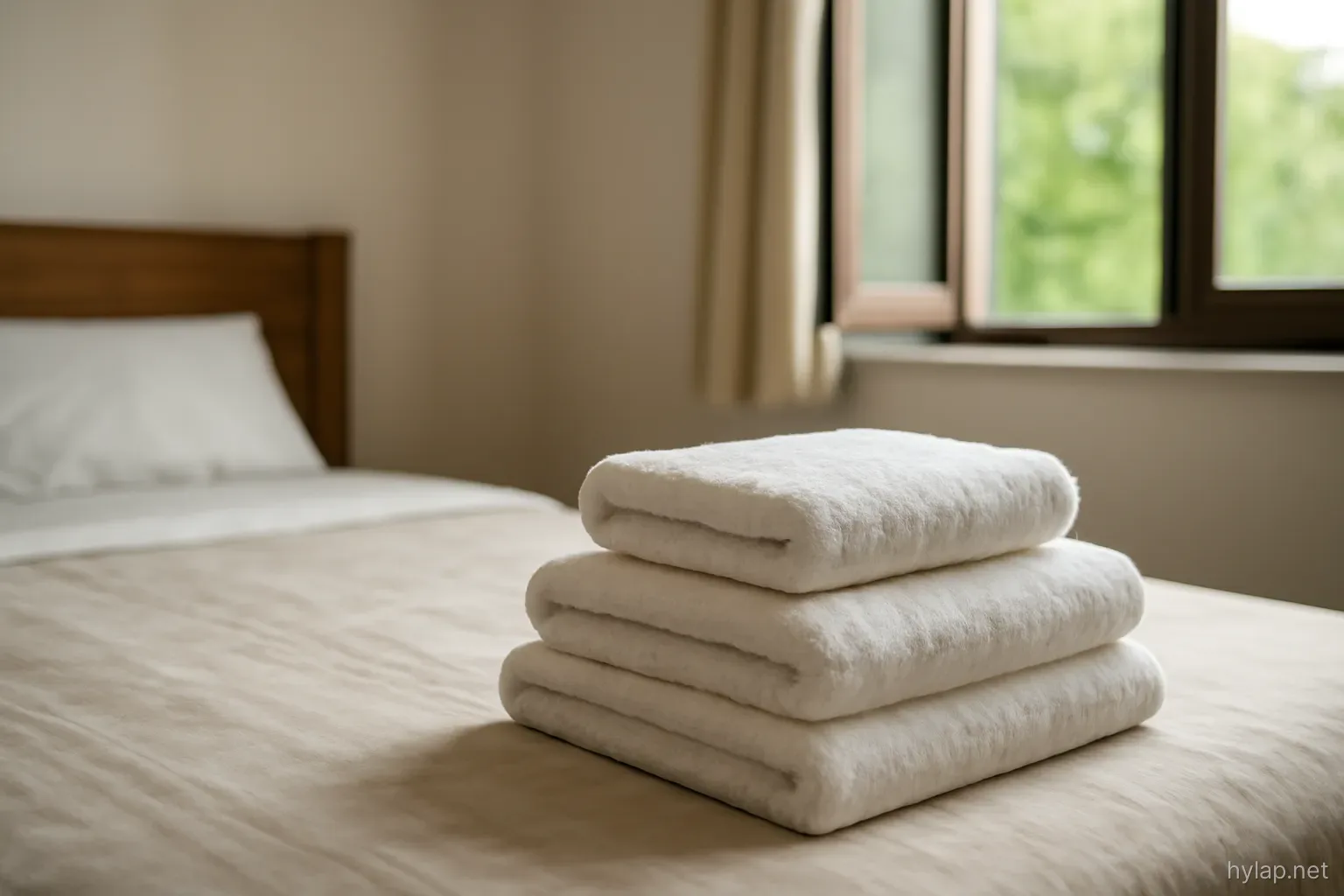 a set of fresh towels folded on a bed in a simply furnished room with an open window