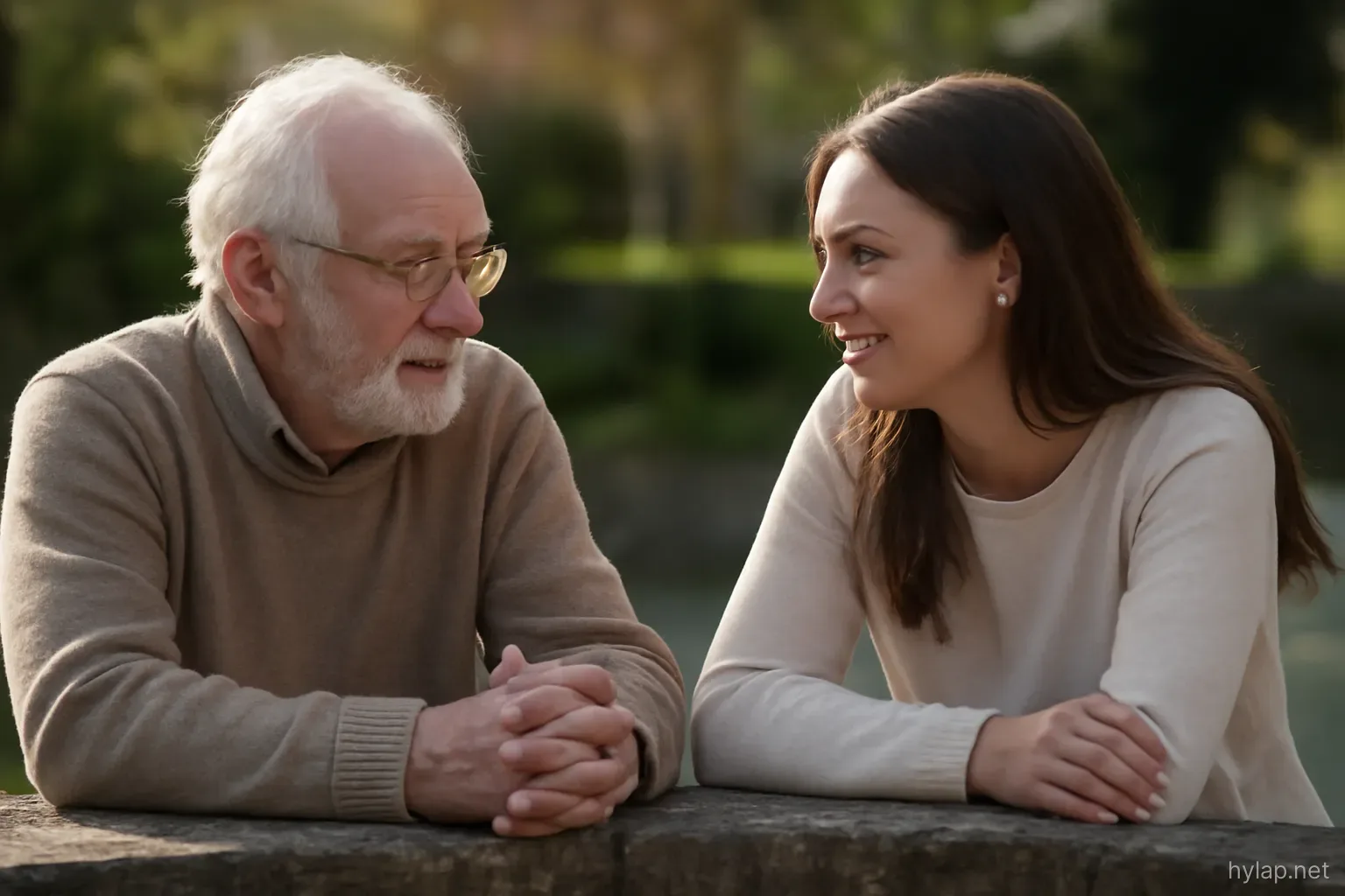 an old man and a younger woman talking across a low garden wall in afternoon light