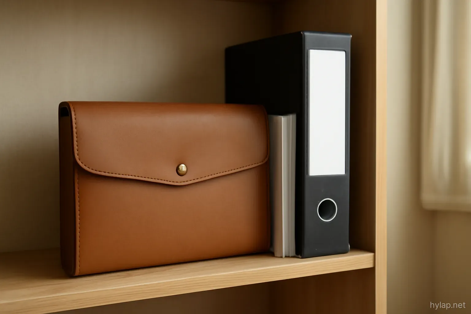 a document wallet on a shelf beside a folder of papers in a quiet home office corner