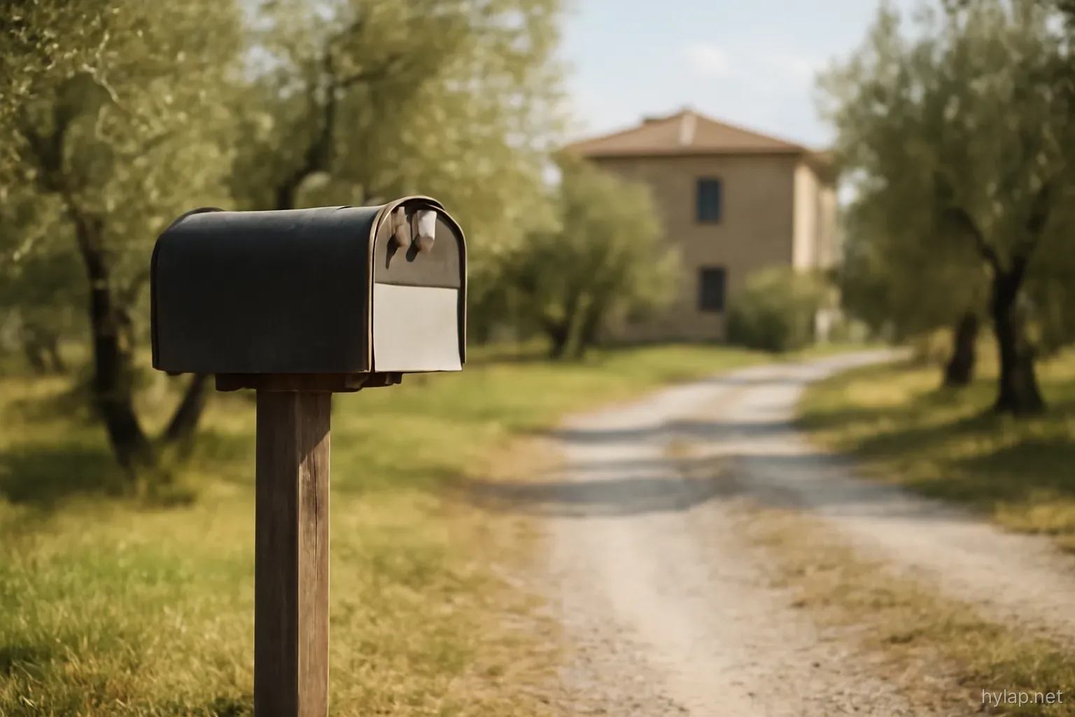 a mailbox on a post by a gravel path with a house further back among olive trees