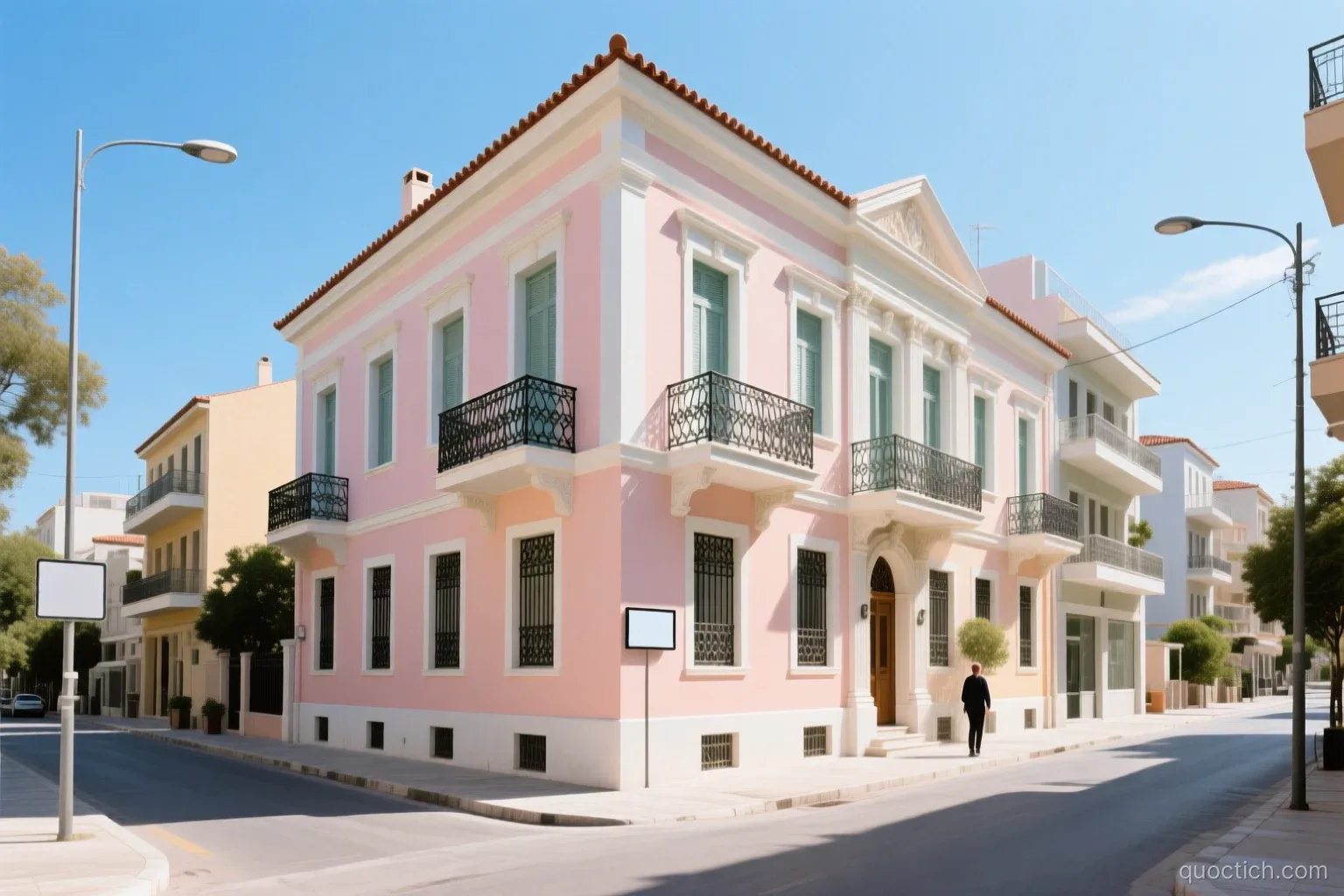 Freshly renovated neoclassical apartment building with pastel facade and wrought-iron balconies on a quiet street in Pangrati, Athens, bright midday sun, street-level wide shot, no people