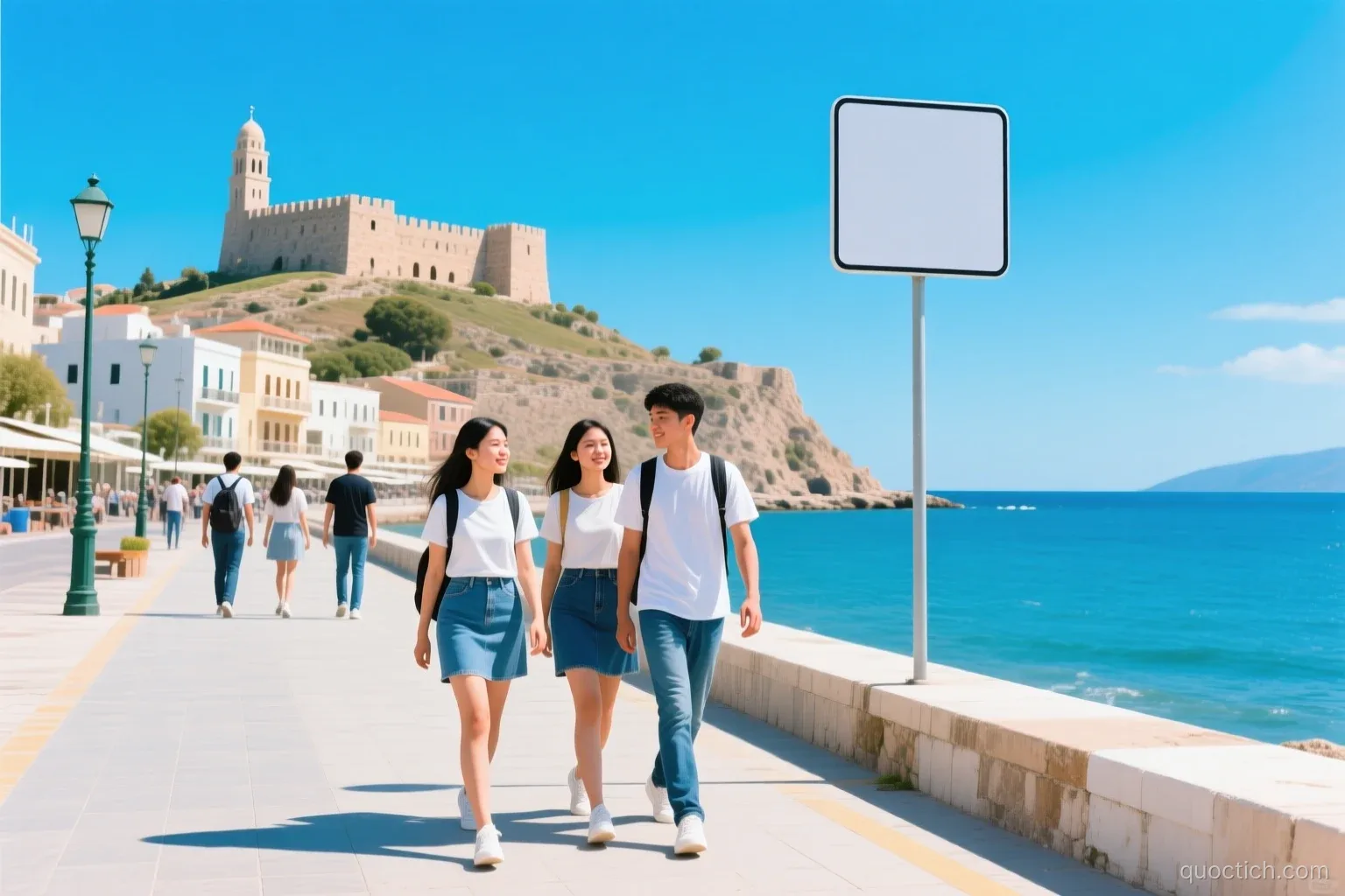 Group of international students including two Vietnamese walking along the sunny seafront promenade of Rethymno, Crete, with the Venetian Fortezza on the hill, wide shot, bright blue sky