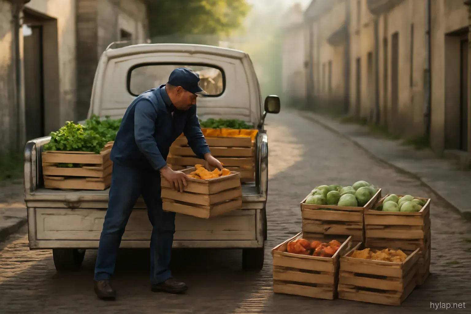 crates of produce being unloaded from a small truck onto a village street in the morning