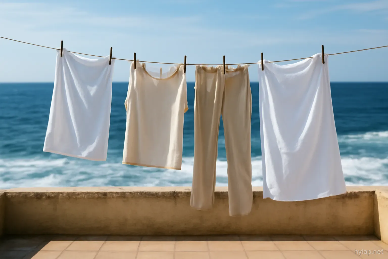 laundry snapping on a line across a rooftop terrace with whitecaps on the sea beyond
