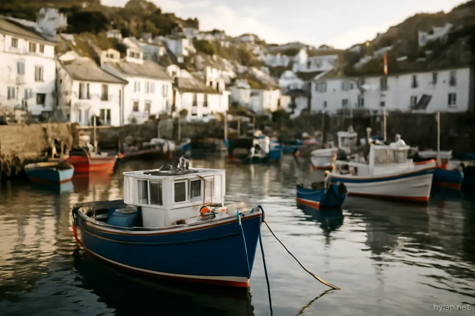 a small harbour with fishing boats moored and whitewashed houses climbing the slope behind