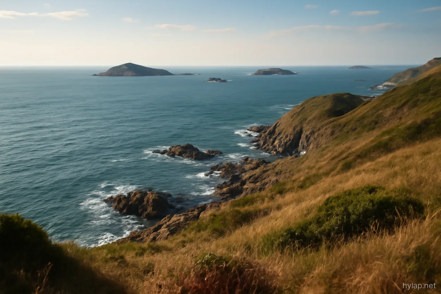 a rocky coastline seen from a hillside with several small islands scattered on the horizon