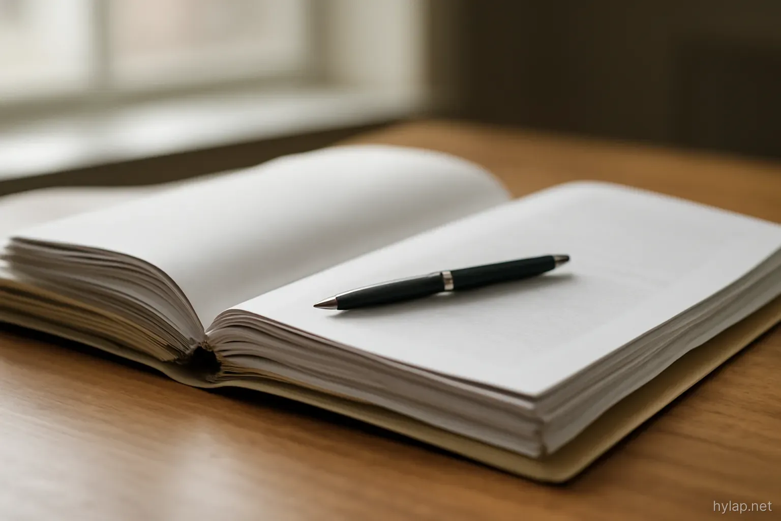 a thick folder of documents open on a table with a pen resting across the pages