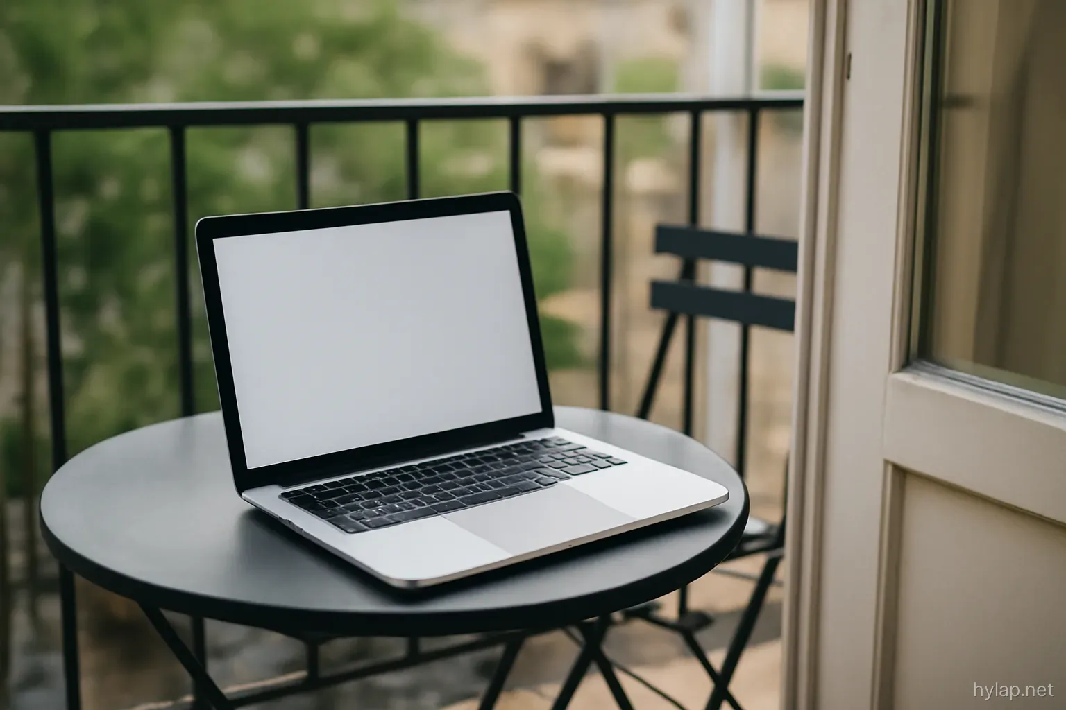 a laptop open on a small balcony table with a cable running inside through the door