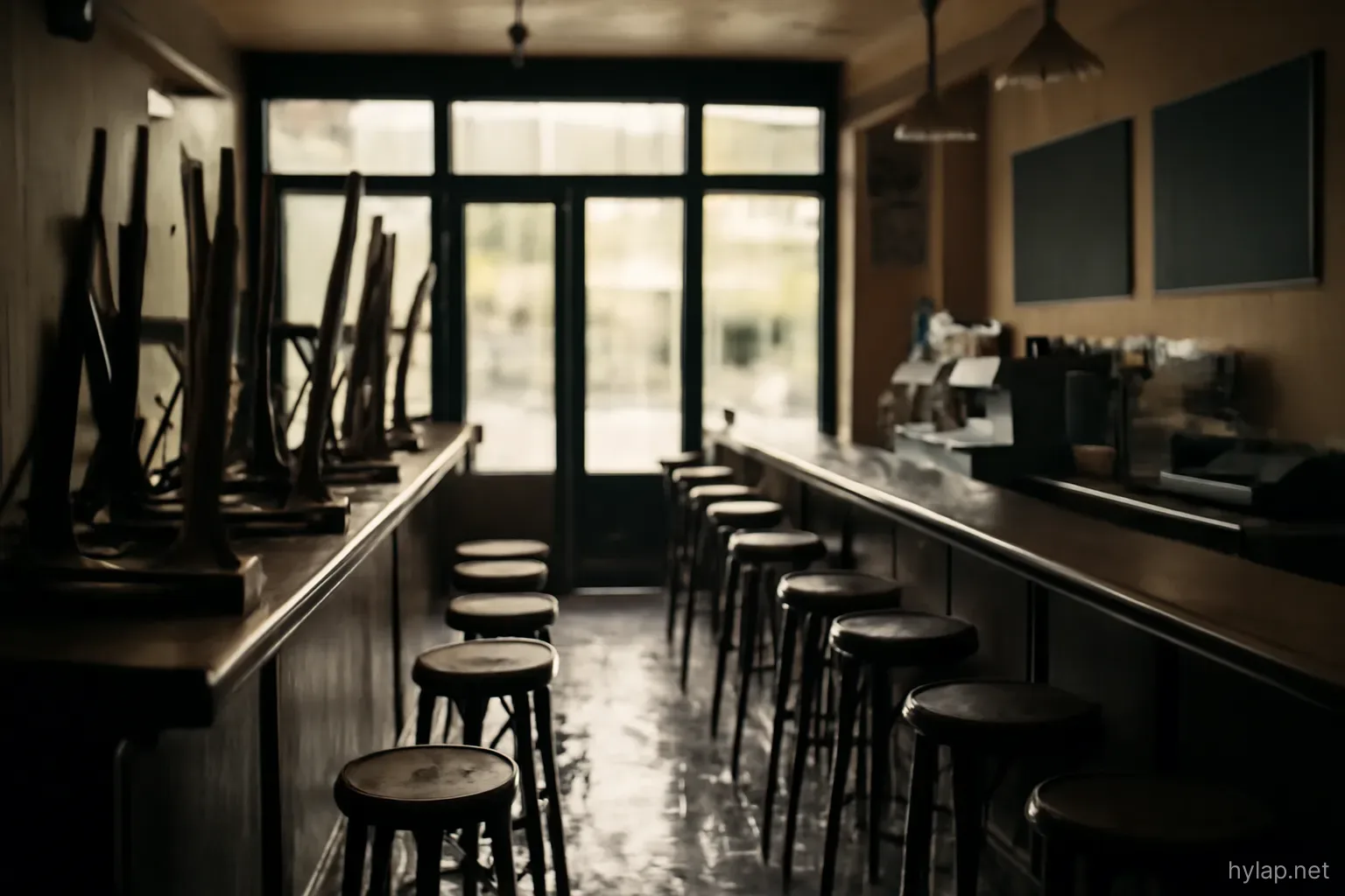 a shop interior before opening with stools upside down on the counter and floor still wet