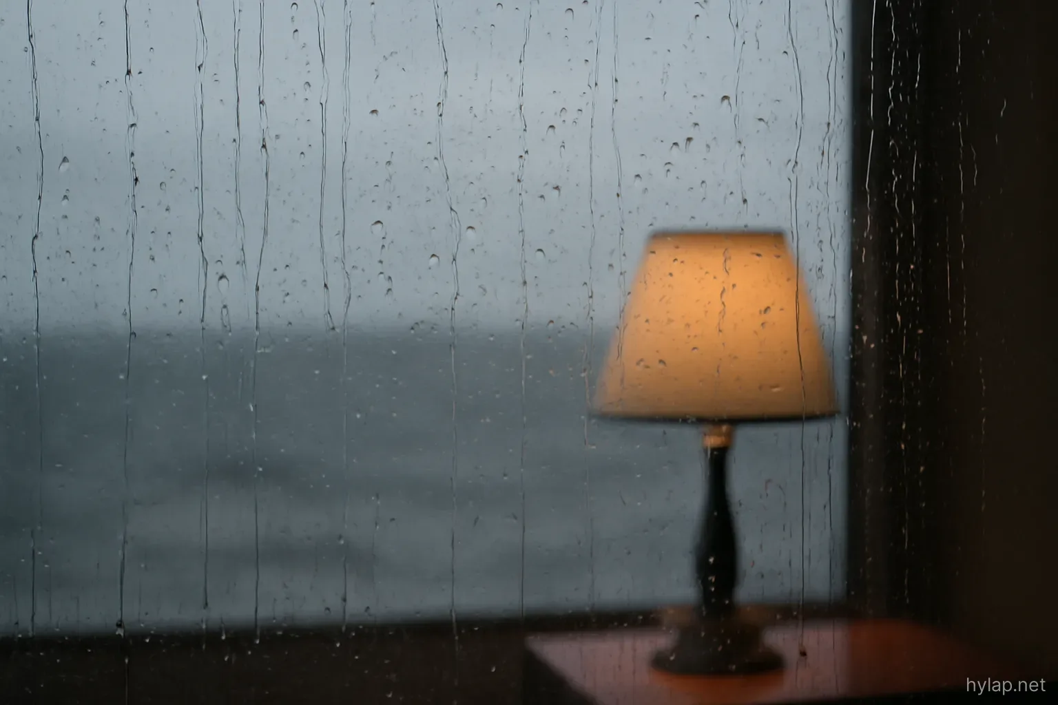 rain streaking a window pane with a blurred grey sea and a single lit lamp inside