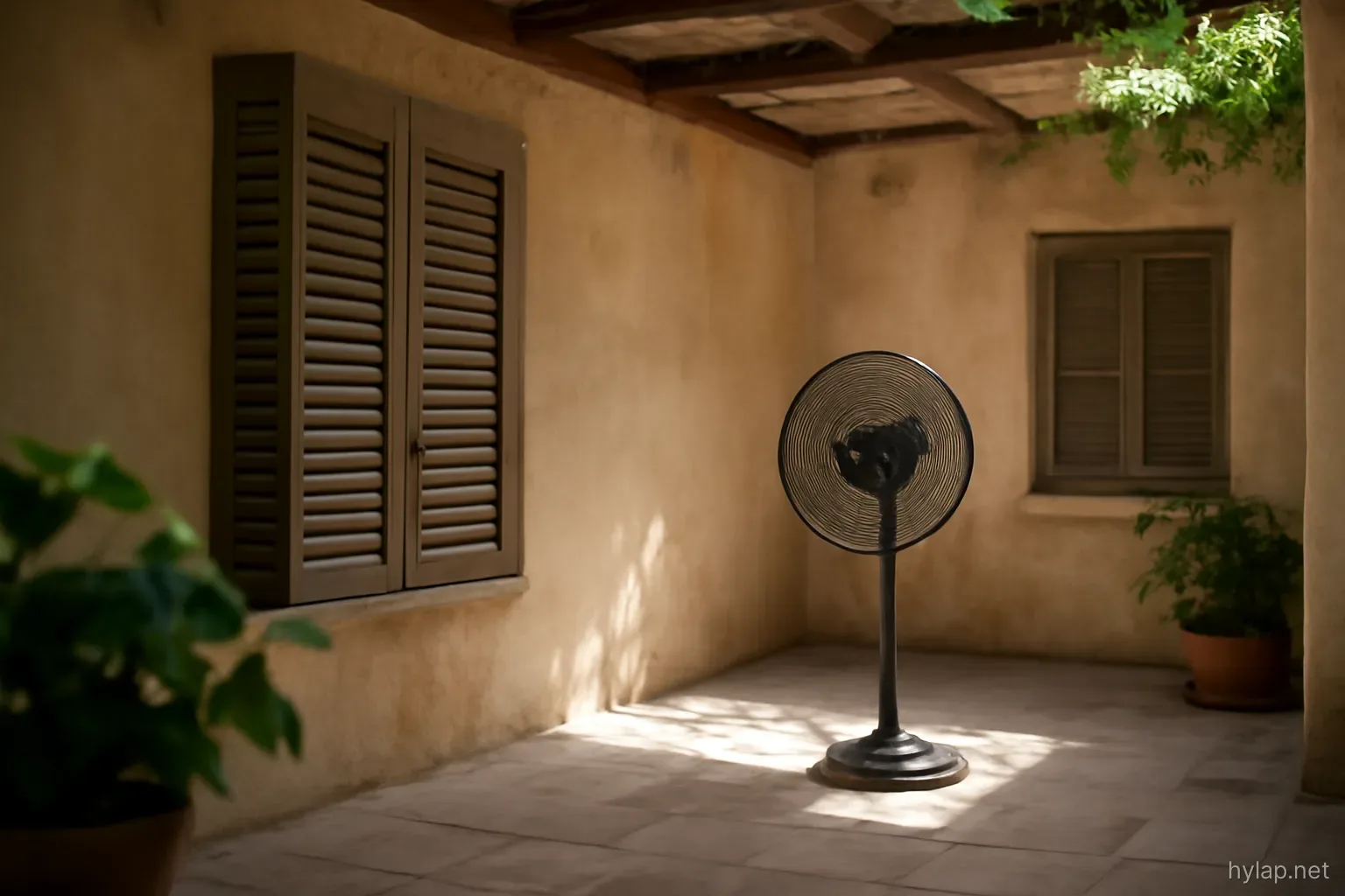 a shaded courtyard at midday with shutters half closed and a fan turning in the corner