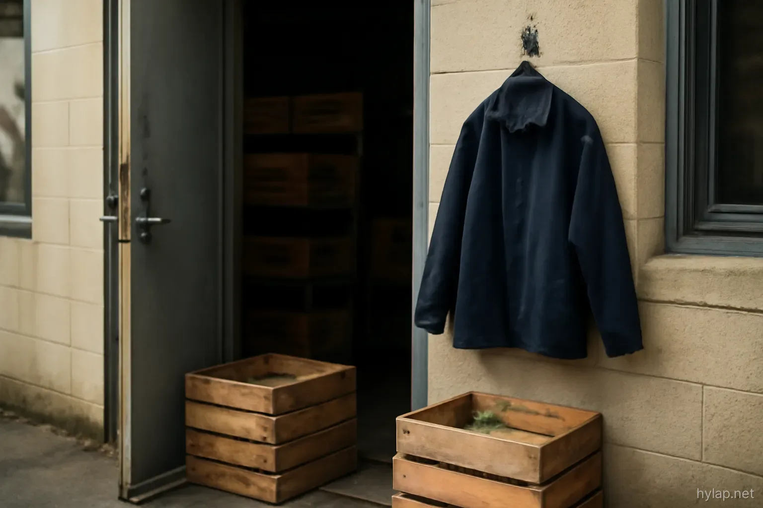 a back kitchen door propped open with crates outside and a staff jacket hanging on a hook