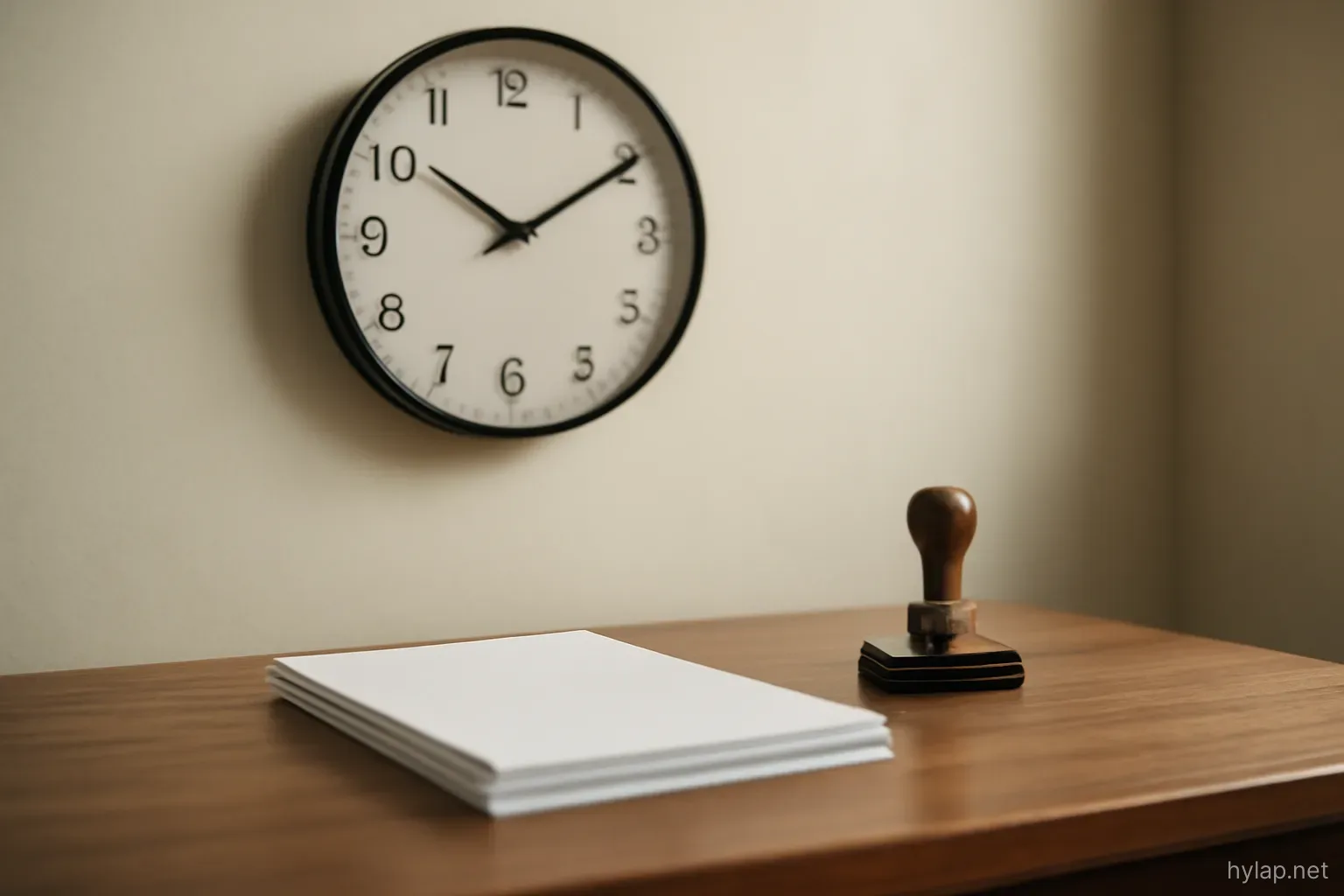 a wall clock above a small desk with a stack of forms and a rubber stamp beside them