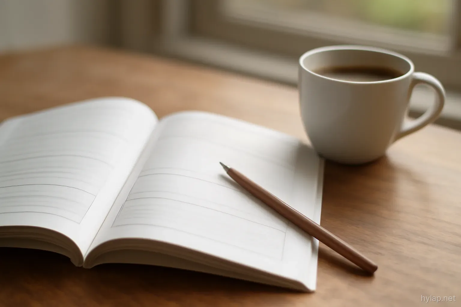 a language workbook open beside a coffee cup with a pencil lying across the page