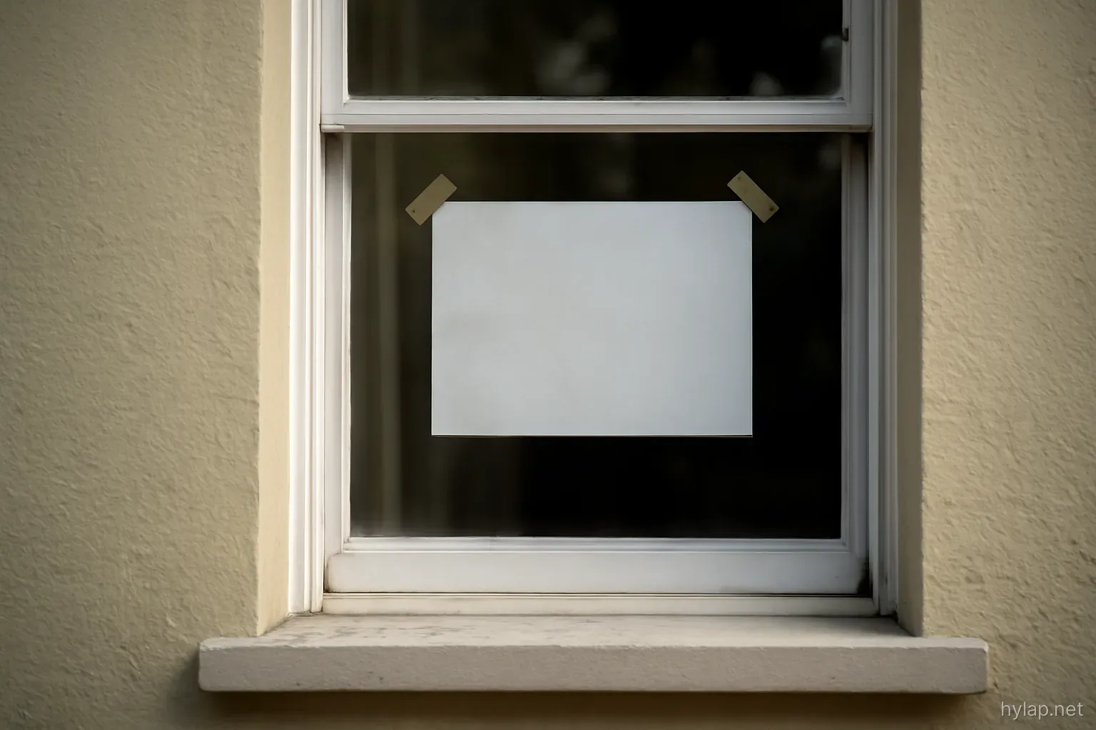a to-let sign taped inside a ground floor window of a pale stucco building