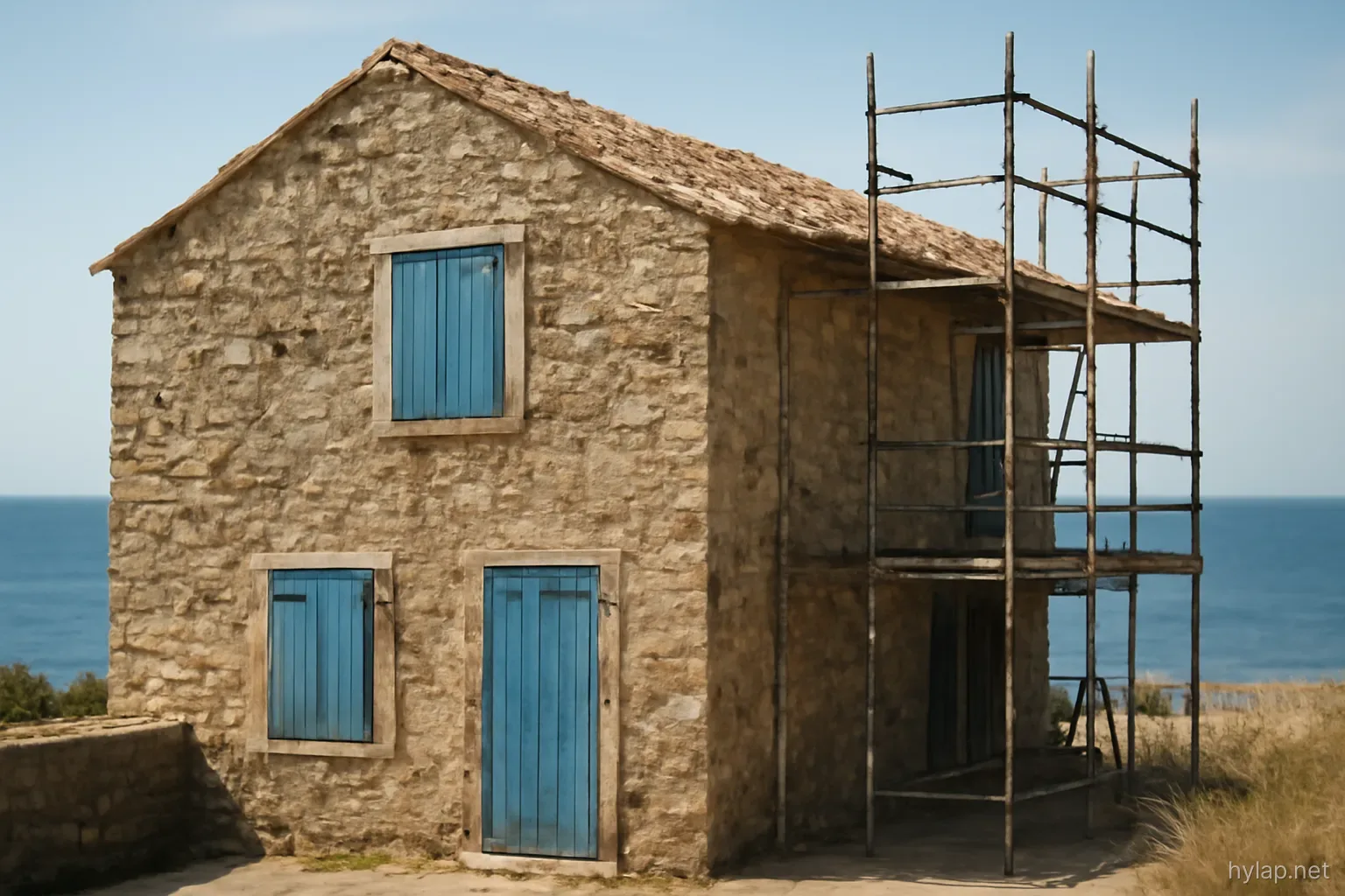 a stone house with weathered blue shutters and scaffolding on one side, sea behind the roof