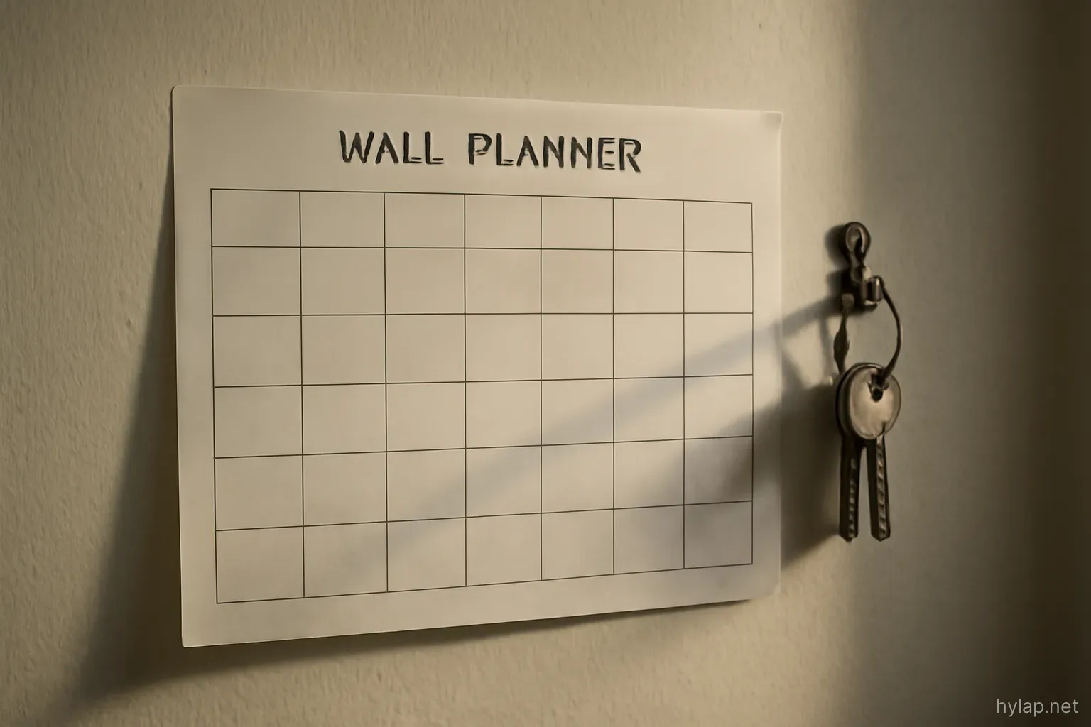 a handwritten wall planner beside a hook with keys, morning light across the paper