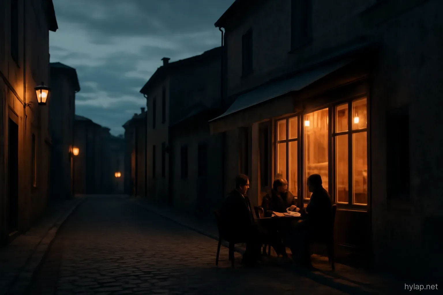 a village street at dusk with a few people sitting outside a single lit cafe