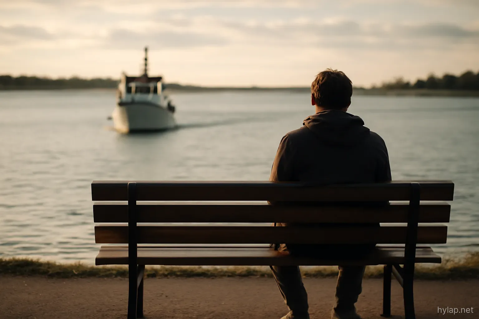a bench facing the water with one person sitting alone watching a boat come in