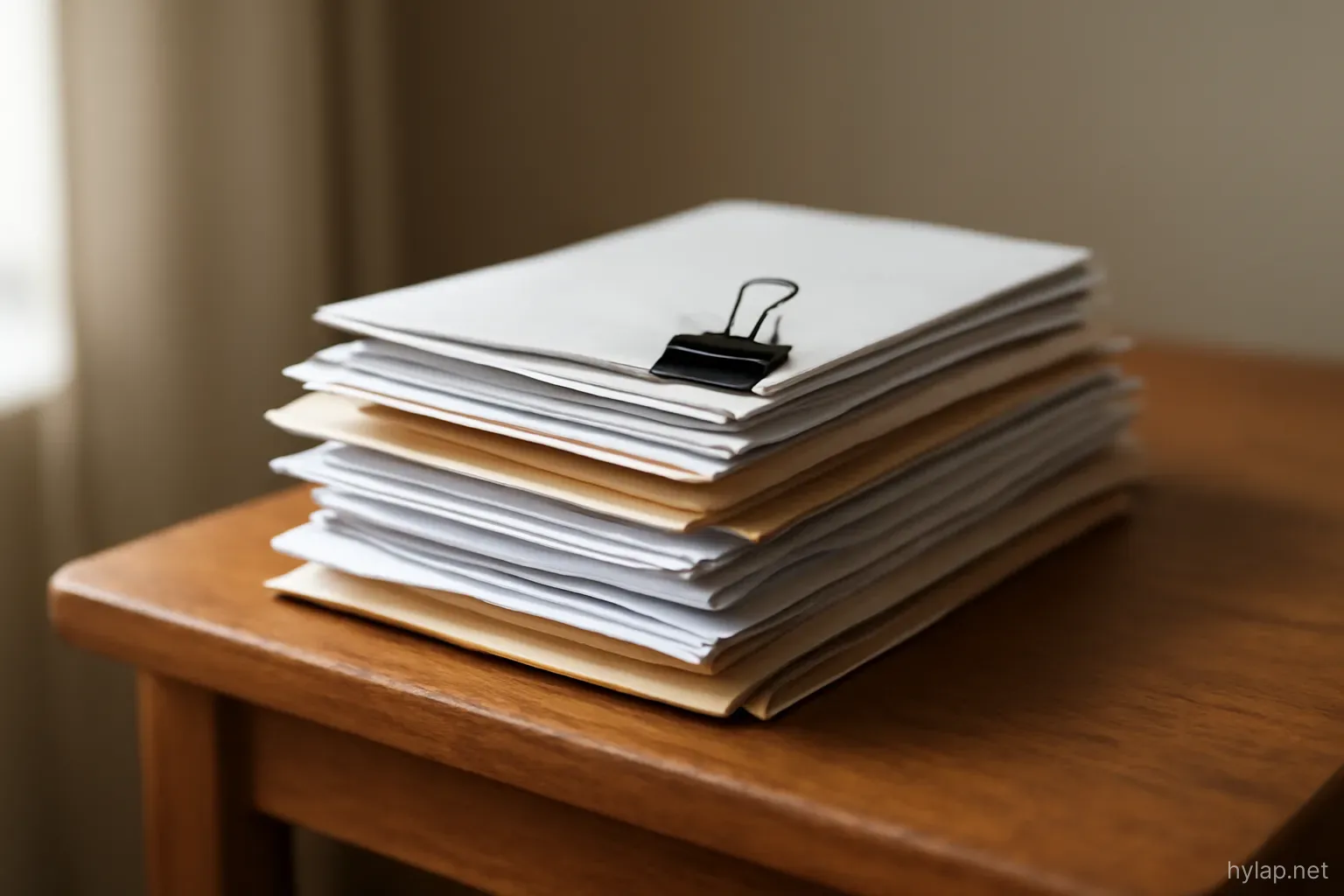 a stack of unopened envelopes and bills held together by a clip on a side table