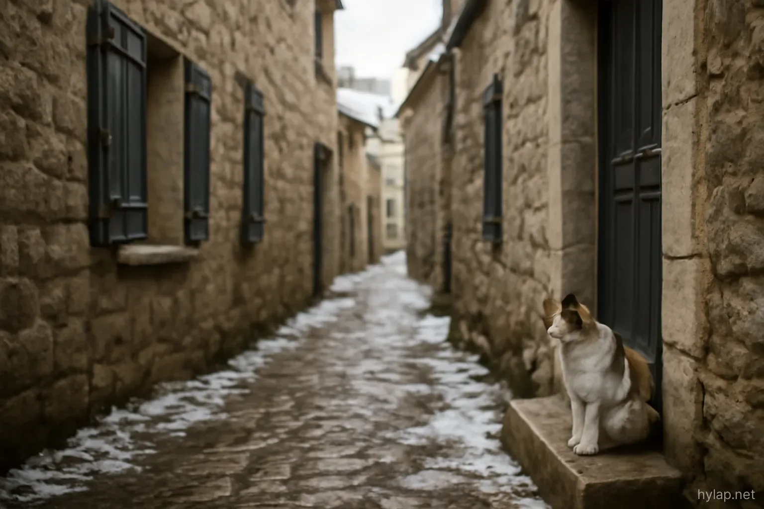 a narrow lane between stone houses in winter with shutters closed and a cat on a doorstep
