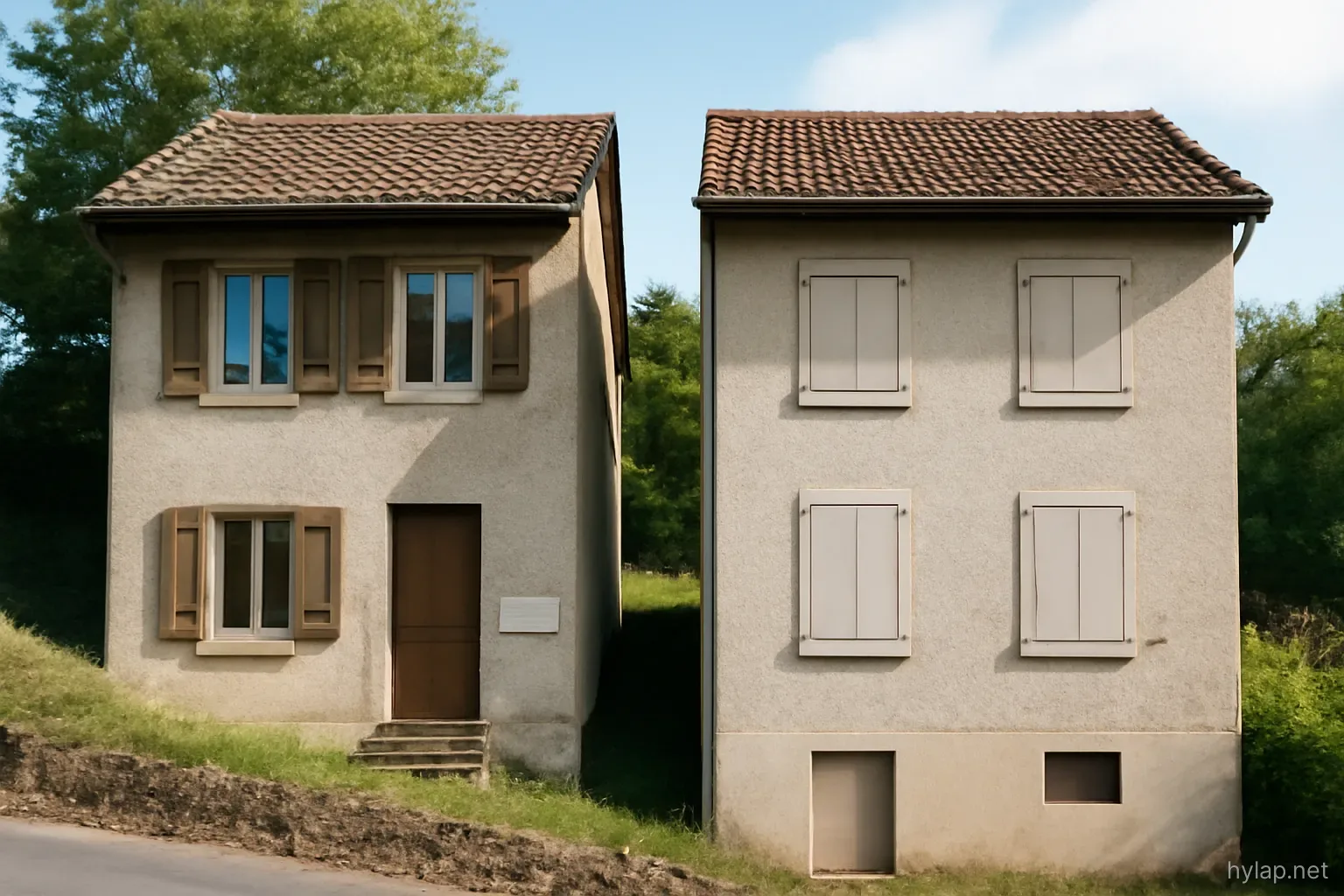 two similar houses side by side on a slope, one with open shutters and one fully closed