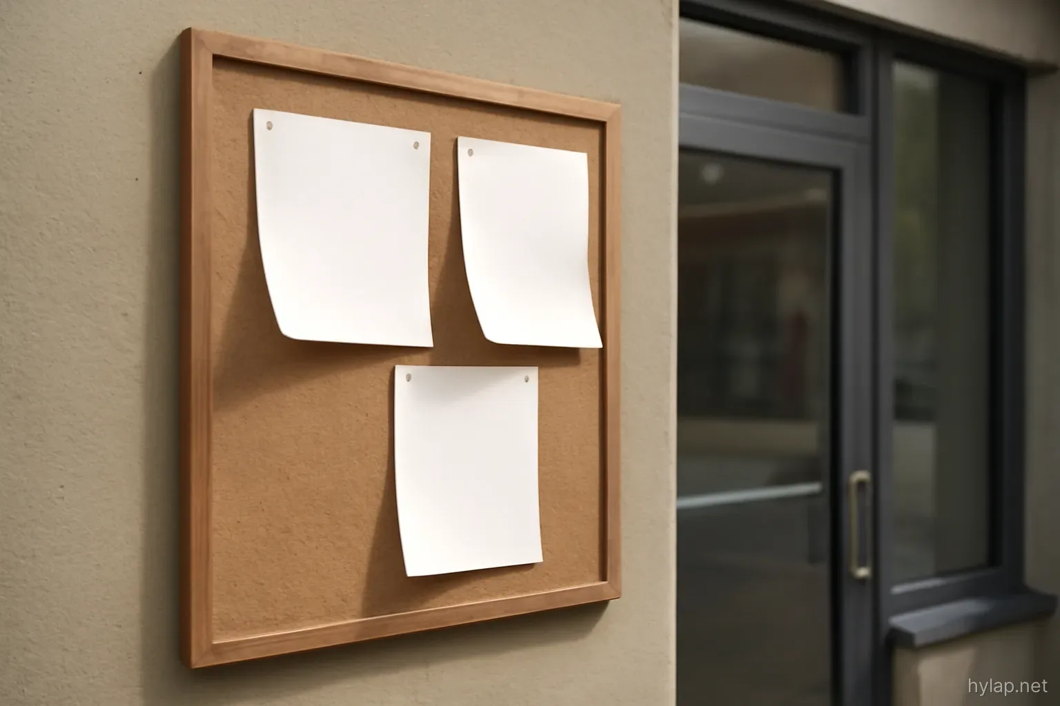 a noticeboard outside a small office with a few printed sheets curling at the corners