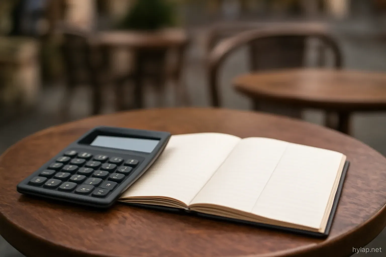 a calculator and a notebook with two columns of figures on an outdoor cafe table