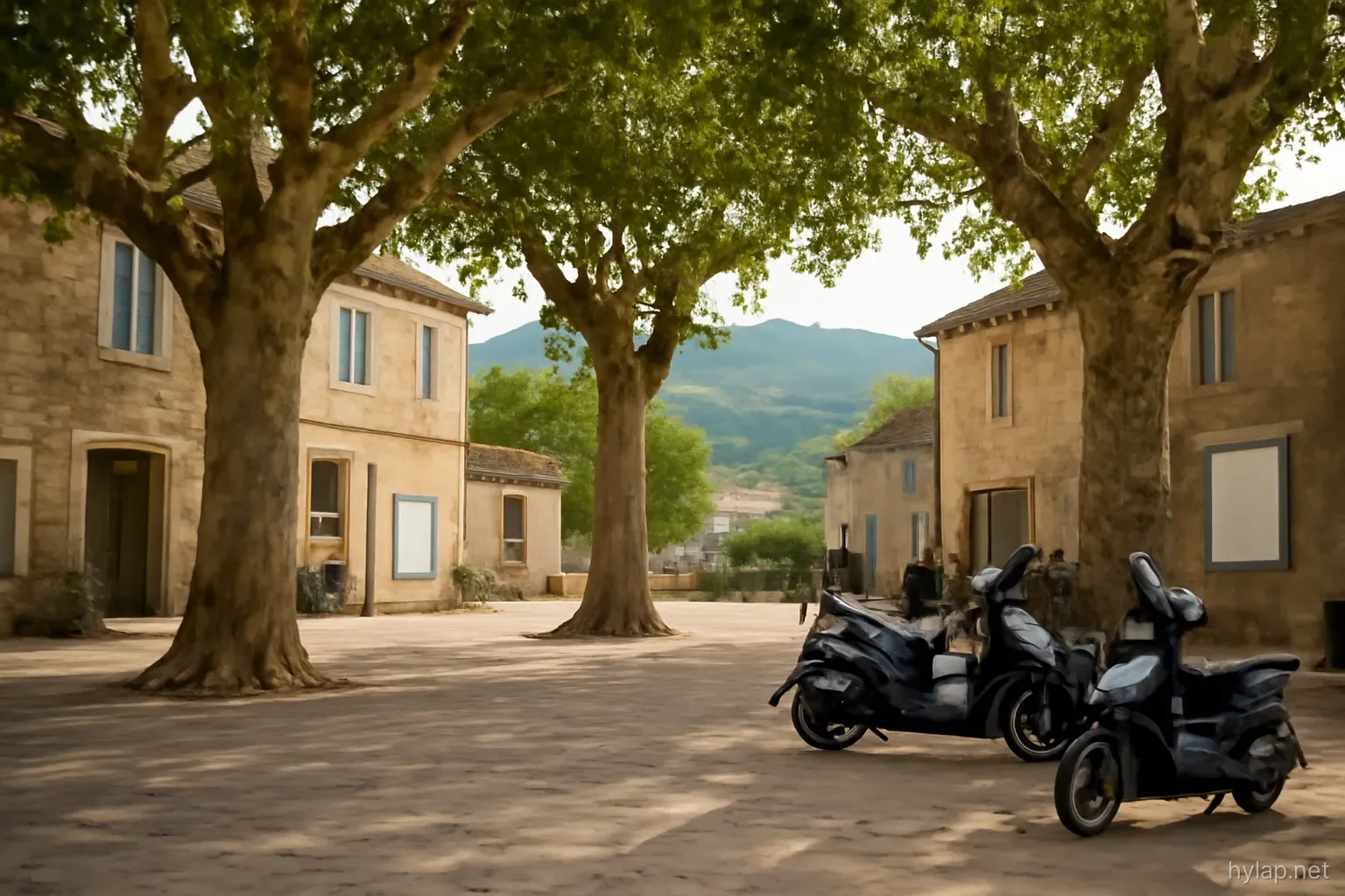a village square inland with plane trees and a few parked scooters, hills visible beyond