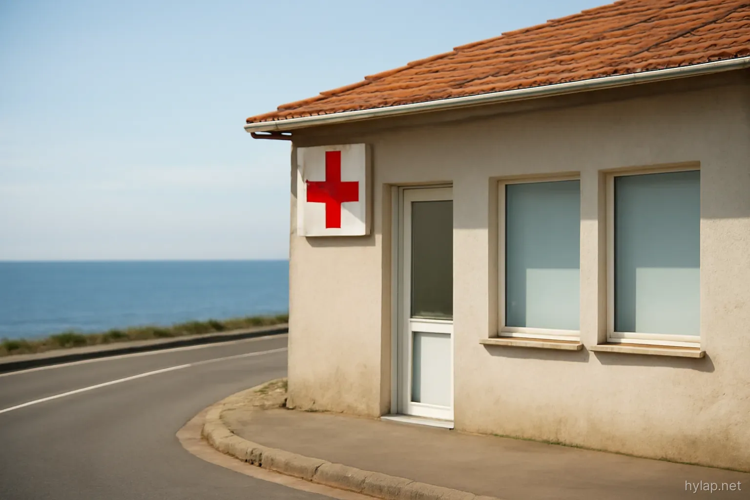 a small clinic building with a red cross sign on a coastal road, sea visible beyond